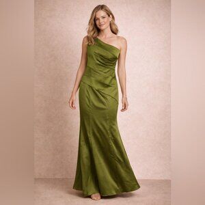 WHITE Vera Wang Olive Green One Shoulder Satin Midi Formal Party Dress Size 10